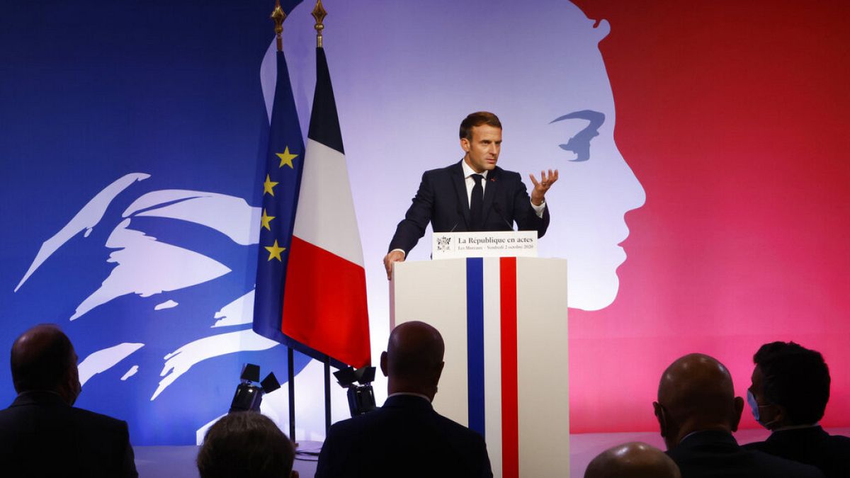 French President Emmanuel Macron delivers a speech to present his strategy to fight separatism, Friday Oct. 2, 2020