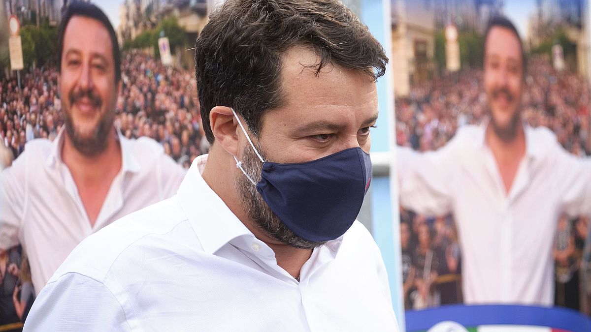 Former Interior Minister and Leader of League Party Matteo Salvini attends a party rally in San Giovanni La Punta, near Catania, Sicily, Oct. 1, 2020.