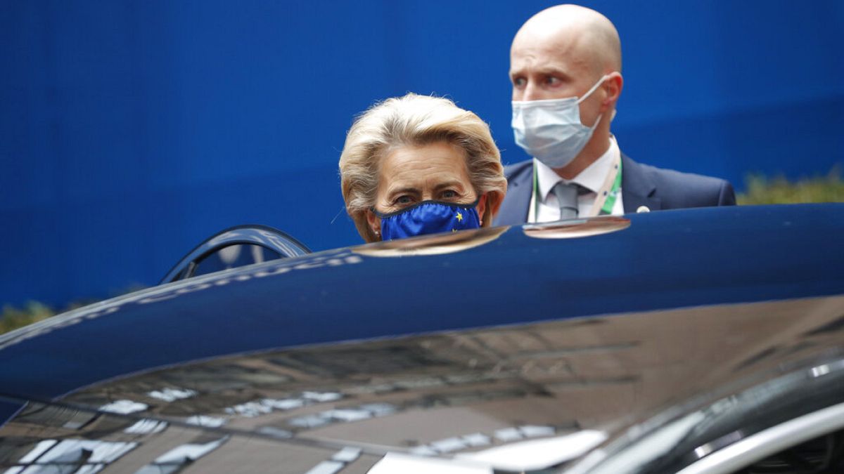 European Commission President Ursula von der Leyen leaves at the end of an EU summit in Brussels, Friday, Oct. 2, 2020. 