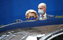 European Commission President Ursula von der Leyen leaves at the end of an EU summit in Brussels, Friday, Oct. 2, 2020.