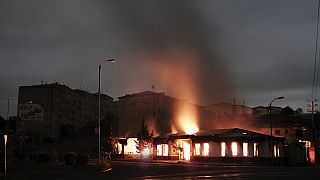 A building of a residential area burns after night shelling by Azerbaijan's artillery during a military conflict in self-proclaimed Republic of Nagorno-Karabakh, Stepanakert.