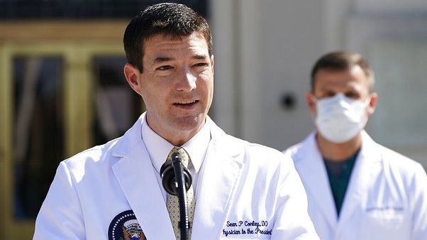 Dr. Sean Conley, physician to President Donald Trump, briefs reporters at Walter Reed National Military Medical Center in Bethesda, Md., Sunday, Oct. 4, 2020. Dr. Sean Conley, physician to President Donald Trump, briefs reporters at Walter Reed National Military Medical Center in Bethesda, Md., Sunday, Oct. 4, 2020.