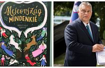 A Meseország mindenkié borítója a bal oldalon, Orbán Viktor magyar miniszterelnök Bledben a jobb oldalon