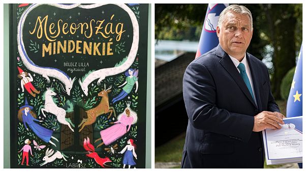 A Meseország mindenkié borítója a bal oldalon, Orbán Viktor magyar miniszterelnök Bledben a jobb oldalon A Meseország mindenkié borítója a bal oldalon, Orbán Viktor magyar miniszterelnök Bledben a jobb oldalon