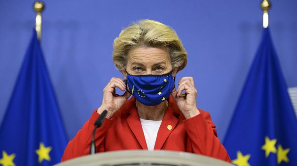 FIle photo: EU Commission President Ursula von der Leyen takes off her protective mask prior to making a statement in Brussels. Oct. 1, 2020. FIle photo: EU Commission President Ursula von der Leyen takes off her protective mask prior to making a statement in Brussels. Oct. 1, 2020.