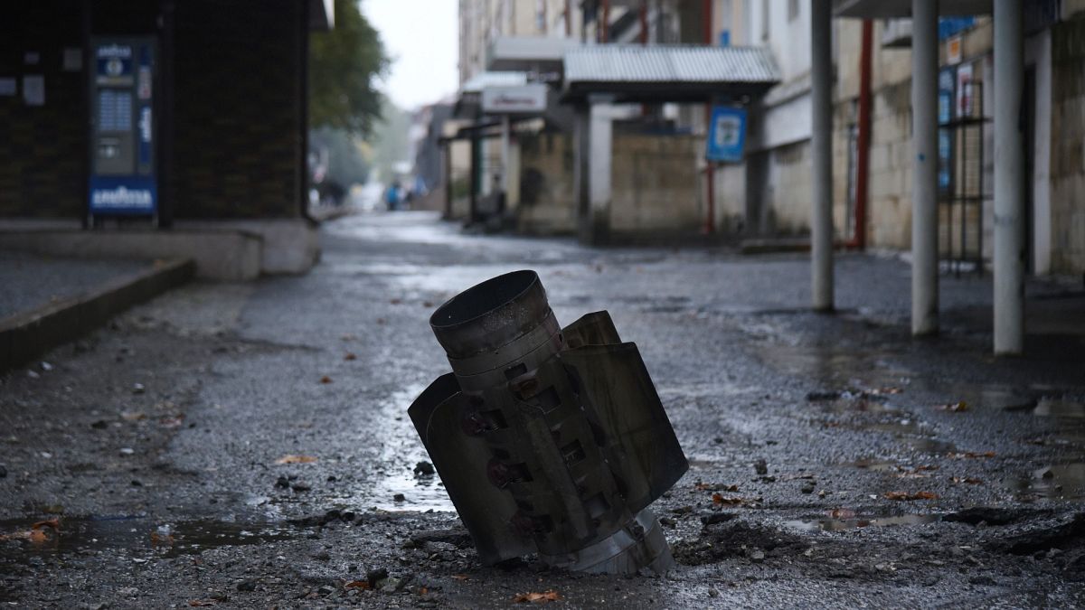 An unexploded projectile in a residential area in Nagorno-Karabakh, Oct 5, 2020.