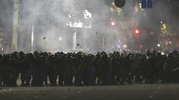 Riot police move to disperse protesters during a rally against the results of a parliamentary vote in Bishkek, Kyrgyzstan, Monday, Oct. 5, 2020. Riot police move to disperse protesters during a rally against the results of a parliamentary vote in Bishkek, Kyrgyzstan, Monday, Oct. 5, 2020.