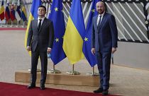Ukrainian President Volodymyr Zelenskyy (L) and EU Council President Charles Michel in Brussels, Tuesday, Oct. 6, 2020.