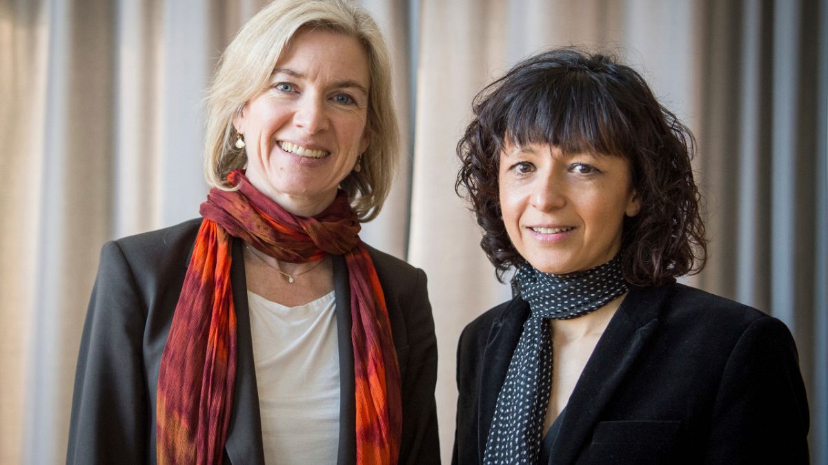 American biochemist Jennifer A. Doudna, left, and the French microbiologist Emmanuelle Charpentier, right, in Frankfurt, Germany, March 14, 2016. 