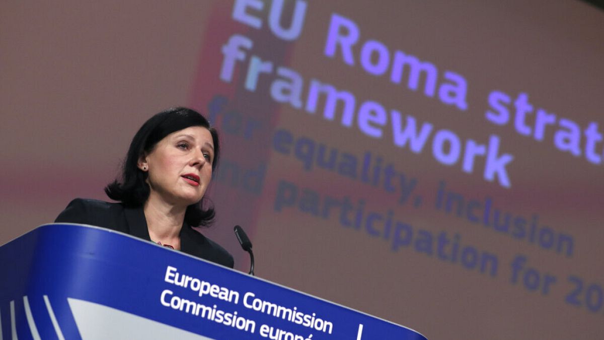 European Commissioner for Transparency and Values Vera Jourova presents the EU framework on Roma equality and inclusion strategies. Brussels, Wednesday, Oct. 7, 2020. 