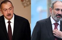 Azerbaijan's President Ilham Aliyev (L) and Armenia's Prime Minister Nikol Pashinyan (R).