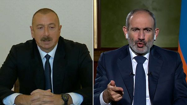 Aserbaidschans Präsident Aliyev und Armeniens Regierungschef Paschinjan. Aserbaidschans Präsident Aliyev und Armeniens Regierungschef Paschinjan.