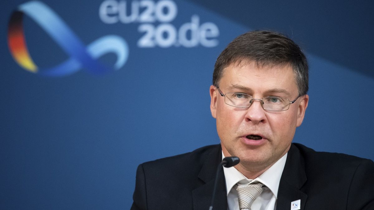 Valdis Dombrovskis, Vice-President of the EU Commission, speaks following the informal talks of the EU Trade Ministers on Monday, September 21, 2020.