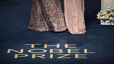 The writing 'The Nobel Prize' is pictured on stage prior the start of the Nobel awards ceremony at the Concert Hall in Stockholm, Sweden on December 10, 2019. 