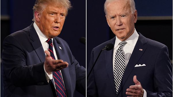 This combination of Sept. 29, 2020, photos shows Donald Trump and Joe Biden during the first presidential debate in Cleveland, Ohio.