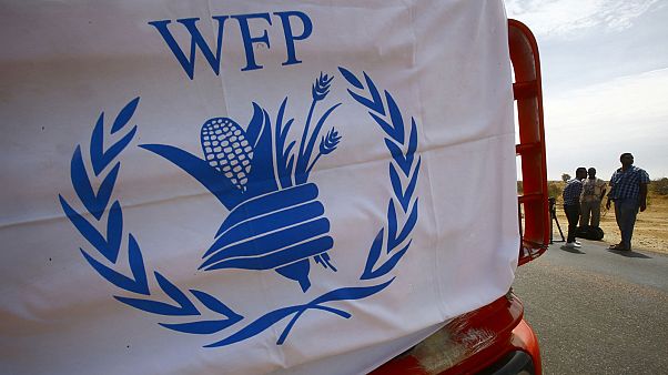 Archives : Le logo du Programme alimentaire mondial (WFP pour World food program en anglais) photographié le 16 mai 2017 au Soudan Archives : Le logo du Programme alimentaire mondial (WFP pour World food program en anglais) photographié le 16 mai 2017 au Soudan