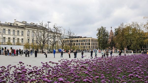 Lithuanian's queue to cast their ballots during an early vote, five days ahead of the parliamentary elections at a polling stations in Vilnius, Lithuania on October 6, 2020. Lithuanian's queue to cast their ballots during an early vote, five days ahead of the parliamentary elections at a polling stations in Vilnius, Lithuania on October 6, 2020.