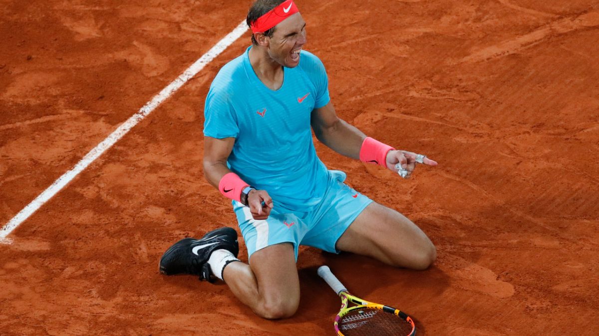 Spain's Rafael Nadal celebrates beating Serbia's Novak Djokovic in the French Open Men's Final at Roland Garros in Paris, October 11, 2020.