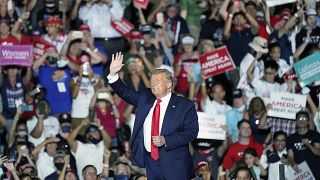 President Donald Trump speaks at campaign rally at the Orlando Sanford International Airport Monday, Oct. 12, 2020, in Sanford, Florida.