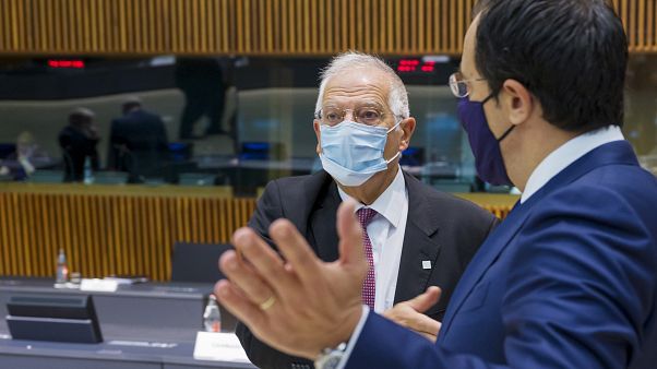Cypriot Foreign Minister Nicos Christodoulides, right, speaks with European Union foreign policy chief Josep Borrell Cypriot Foreign Minister Nicos Christodoulides, right, speaks with European Union foreign policy chief Josep Borrell