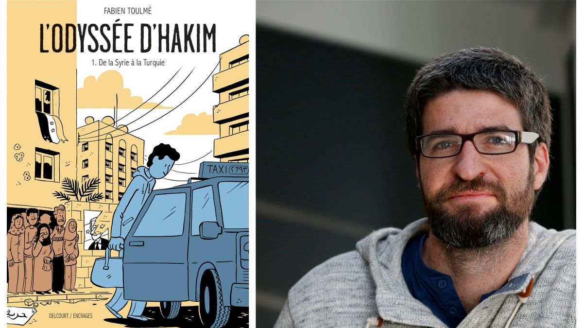 Couverture du premier tome de L'Odyssée d'Hakim et portrait de son auteur Fabien Toulmé en 2014