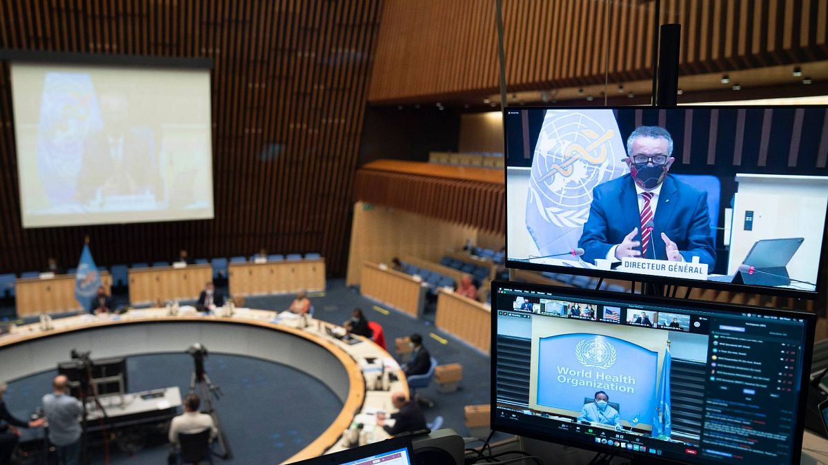 المدير العام لمنظمة الصحة العالمية تيدروس أدهانوم غيبريسوس يلقي كلمة على شاشة التلفزيون خلال جلسة خاصة للمجلس التنفيذي لمنظمة الصحة العالمية، 5 أكتوبر 2020 