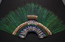 The plume of feathers linked to the legendary Aztec ruler Moctezuma on display at the Museum of Ethnology in Vienna, Austria