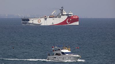 Turkey's research vessel, Oruc Reis anchored off the coast of Antalya on the Mediterranean, Turkey.