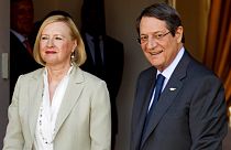 Cyprus President Nicos Anastasiades, right, and UN Secretary General's Special Representative to Cyprus Elizabeth Spehar