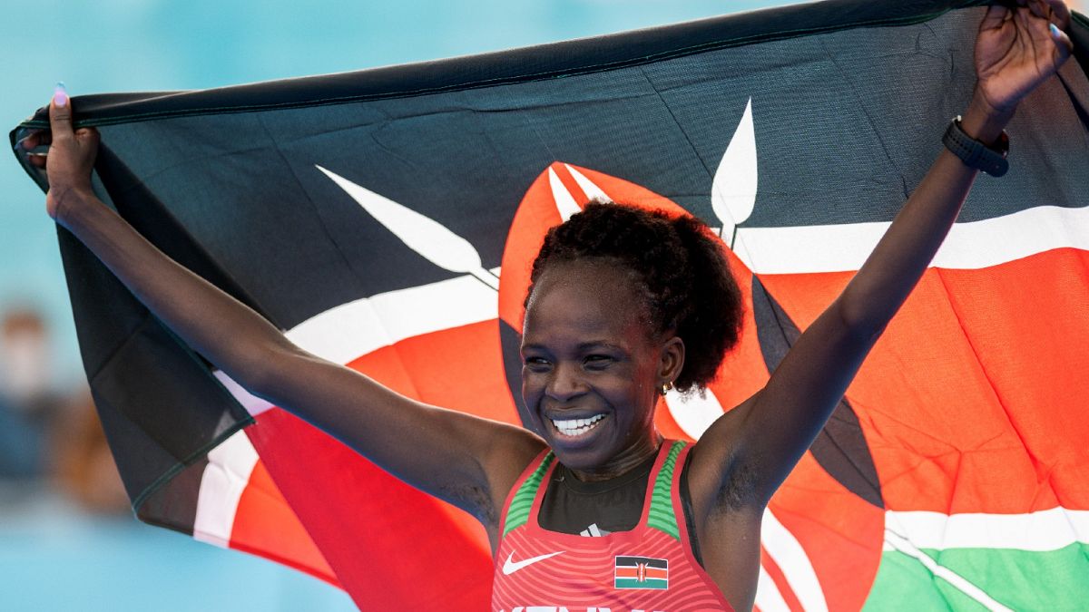 Peres Jepchirchir of Kenya celebrates after beating the World Record at the 2020 IAAF World Half Marathon Championships in Gdynia, Poland. October 17, 2020.