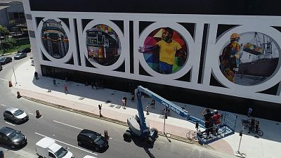 Aerial of mural which represents the symbols of Santos city including the biggest icon, Pele