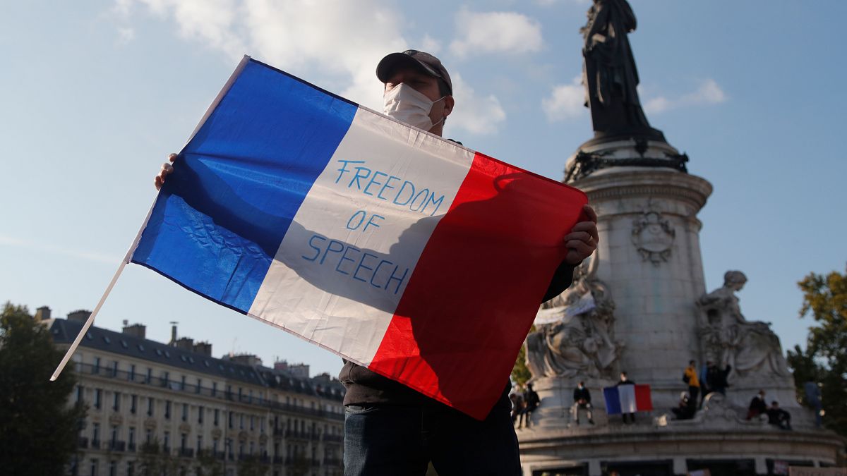 Мужчина с французским флагом, на котором написано "Свобода слова".