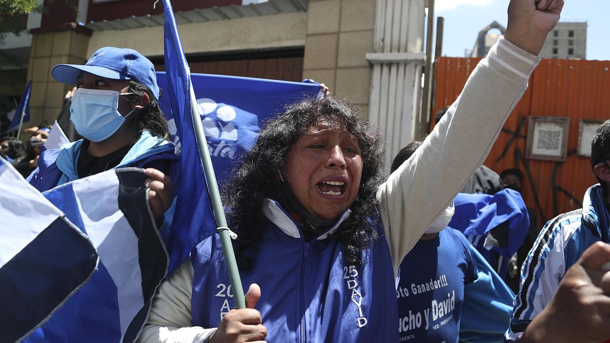 Partidarios de Luis Arce gritan consignas frente a su sede un día después de las elecciones en La Paz