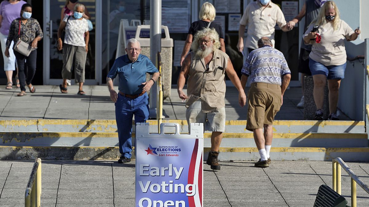 Voters leave the Polk County Gov. Center after casting their ballots Monday, Oct. 19, 2020, in Lakeland, Fla. Chris O'Meara/Copyright 2020 The Associated Press. 