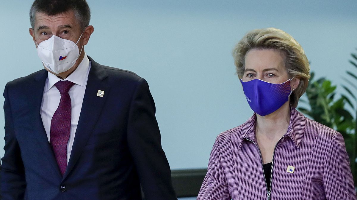 Czech Republic's PM Andrej Babis is welcomed by European Commission President Ursula von der Leyen prior to a meeting at EU headquarters in Brussels, Thursday, Oct. 15, 2020.