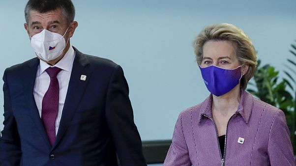 Czech Republic's PM Andrej Babis is welcomed by European Commission President Ursula von der Leyen prior to a meeting at EU headquarters in Brussels, Thursday, Oct. 15, 2020. Czech Republic's PM Andrej Babis is welcomed by European Commission President Ursula von der Leyen prior to a meeting at EU headquarters in Brussels, Thursday, Oct. 15, 2020.