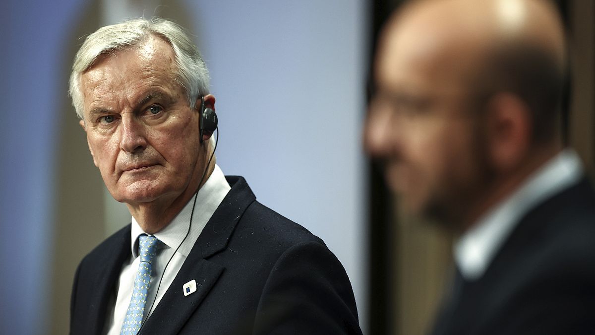 European Commission's Head of Task Force for Relations with the United Kingdom Michel Barnier, left, and European Council President Charles Michel