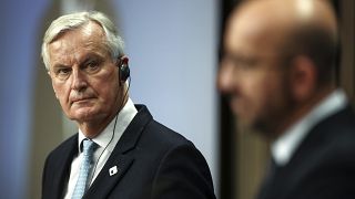 European Commission's Head of Task Force for Relations with the United Kingdom Michel Barnier, left, and European Council President Charles Michel