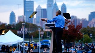 Barack Obama speaks at Citizens Bank Park as he campaigns for Joe Biden