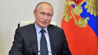 Russian president Vladimir Putin  attends a meeting with members of the Russian Union of Industrialists and Entrepreneurs via video conference on Oct. 21, 2020.