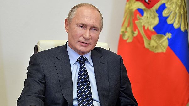 Russian president Vladimir Putin  attends a meeting with members of the Russian Union of Industrialists and Entrepreneurs via video conference on Oct. 21, 2020.