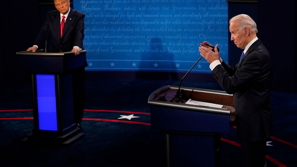 Democratic presidential candidate former Vice President Joe Biden (R) and President Donald Trump during the second and final presidential debate Thursday, Oct. 22, 2020.