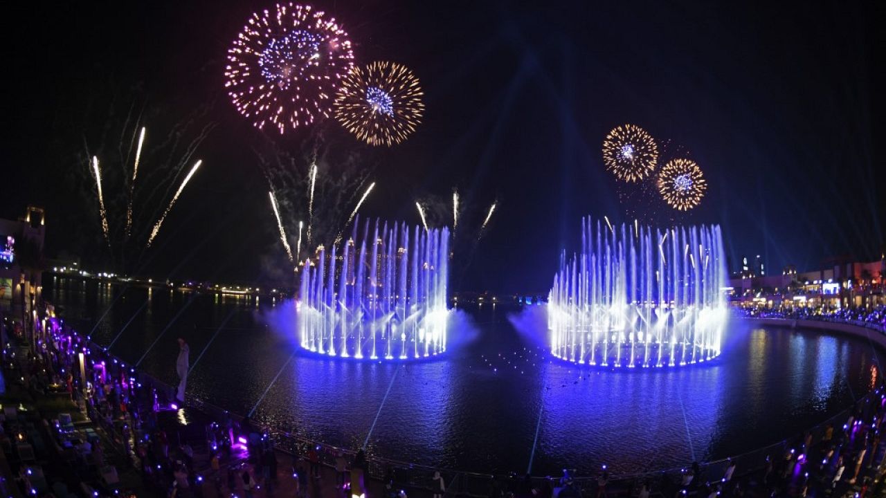 Fireworks explode over The Palm Fountain, world's largest fountain opening ceremony which breaks the Guinness World Record at the Pointe in Dubai Fireworks explode over The Palm Fountain, world's largest fountain opening ceremony which breaks the Guinness World Record at the Pointe in Dubai