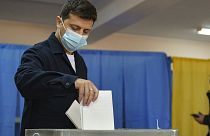 Ukrainian President Volodymyr Zelenskiy casts his ballots at a polling station during a local elections in Kyiv, Ukraine.