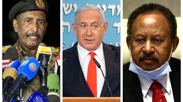 Sudan Konsey Başkanı Orgeneral Abdulfettah el-Burhan, İsrail Başbakanı Binyamin Netanyahu ve Sudan Başbakanı Abdullah Hamduk Sudan Konsey Başkanı Orgeneral Abdulfettah el-Burhan, İsrail Başbakanı Binyamin Netanyahu ve Sudan Başbakanı Abdullah Hamduk