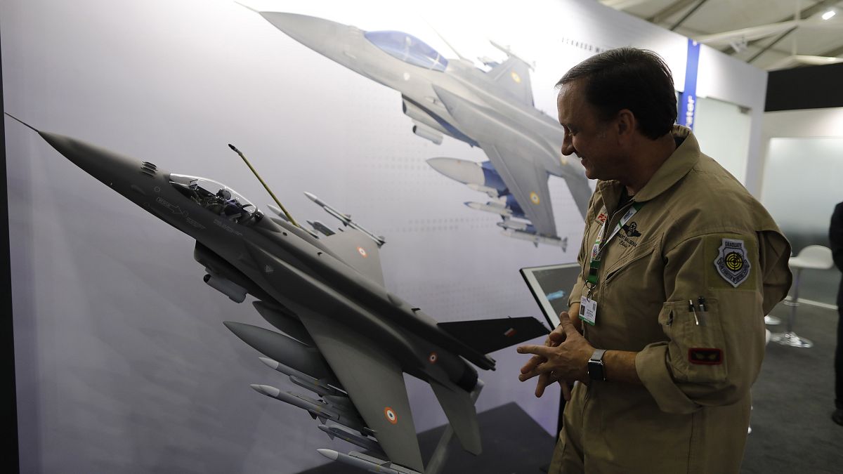 In this Feb. 5, 2020, file photo, Lockheed Martin's Robert Balserak, Lead Executive, Air Superiority Programs, explains the capabilities of the F-21 at the DefExpo in Lucknow