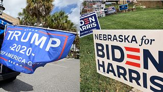 Election signs for different presidential candidates in Florida (left) and Nebraska (right).