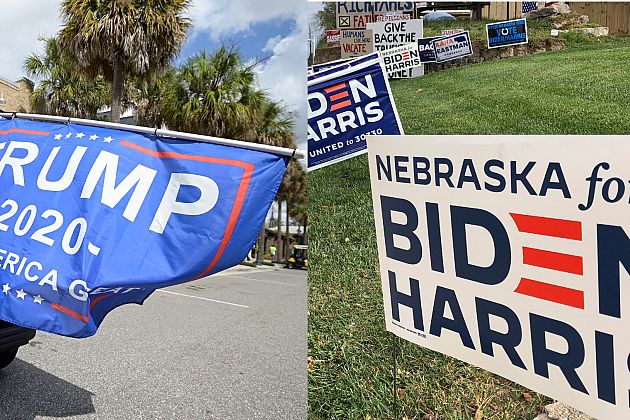 Election signs for different presidential candidates in Florida (left) and Nebraska (right).
