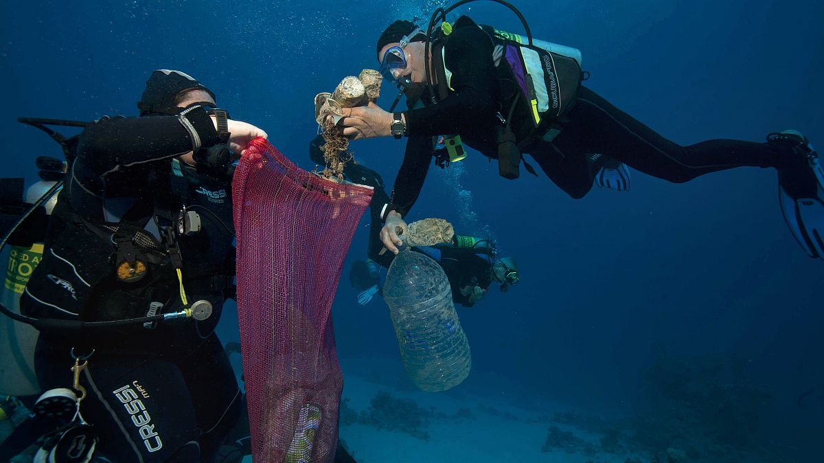Mısır'da denizden plastik toplayan dalgıçlar 