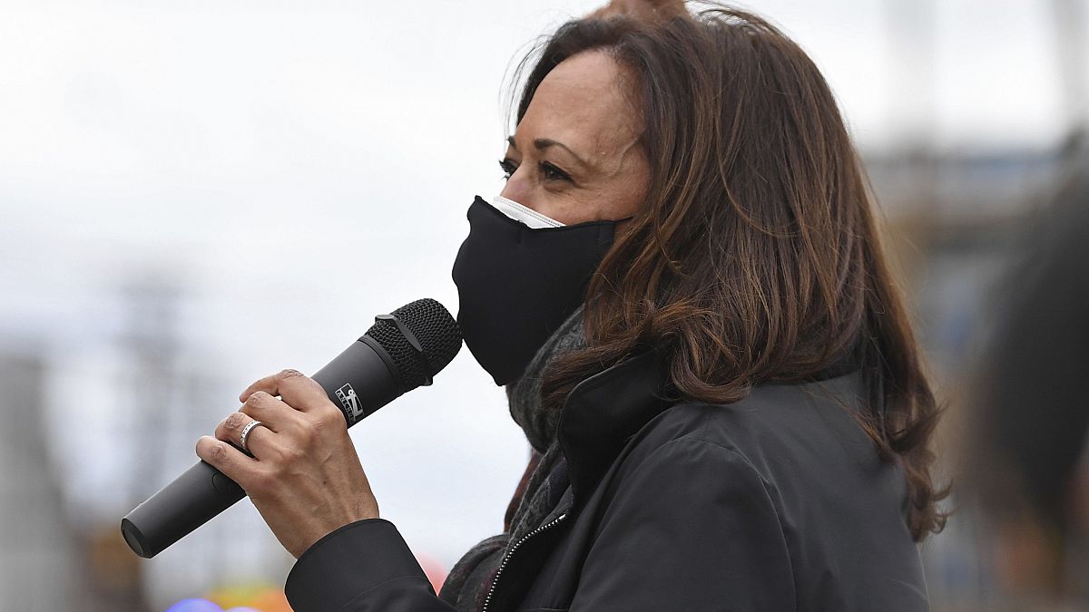 Kamala Harris spoke to voters outside the Cuyahoga County Board of Elections during a campaign event on Saturday.